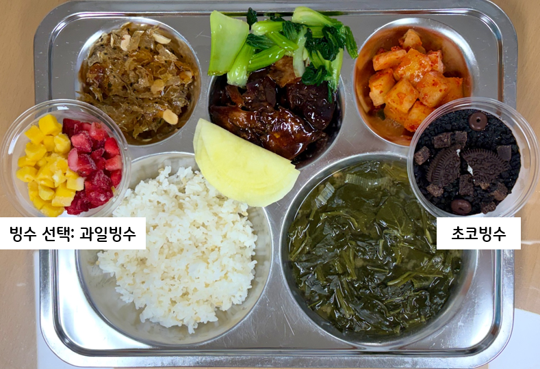현미밥
시금치된장국(건새우)5.6.9
명엽채아몬드볶음5.6.13
단짠동파육&청경채찜5.6.10.13.18
깍두기9
무쌈13
과일빙수vs초코빙수1.2.5
* 에너지/단백질/칼슘/철
680.06/37.24/298.84/2.94_이미지