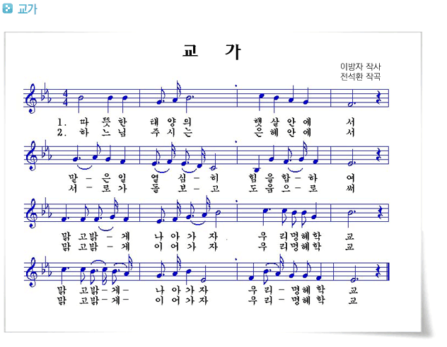 1절 :
따뜻한 태양의 햇살안에서
맡은일 열심히 힘을합하여
맑고밝게 나아가자 우리명혜학교
맑고밝게 나아가자 우리명혜학교
2절 :
하느님 주시는 은혜안에서
서로가 돌보고 도움으로써
맑고밝게 이어가자 우리명혜학교
맑고밝게 이어가가 우리명혜학교